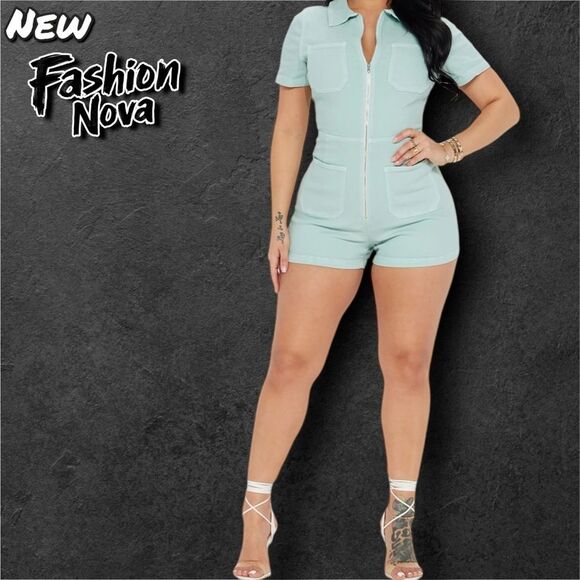New NWT Fashion nova Ana Denim Overall Romper - Sage Green - small - Picture 3 of 10